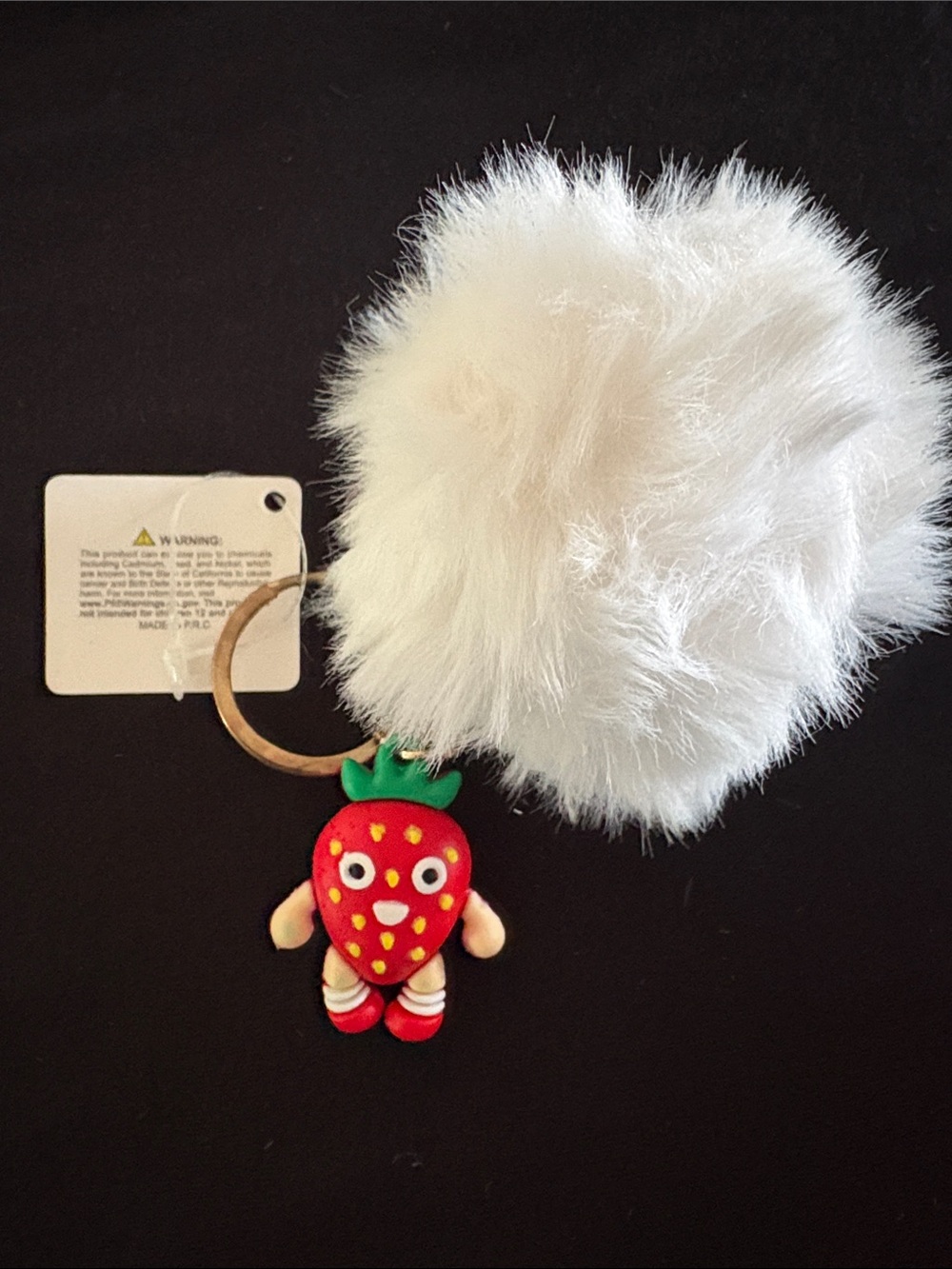 Plush White Pom-Pom Keychain Bag Charm with Red Strawberry Character